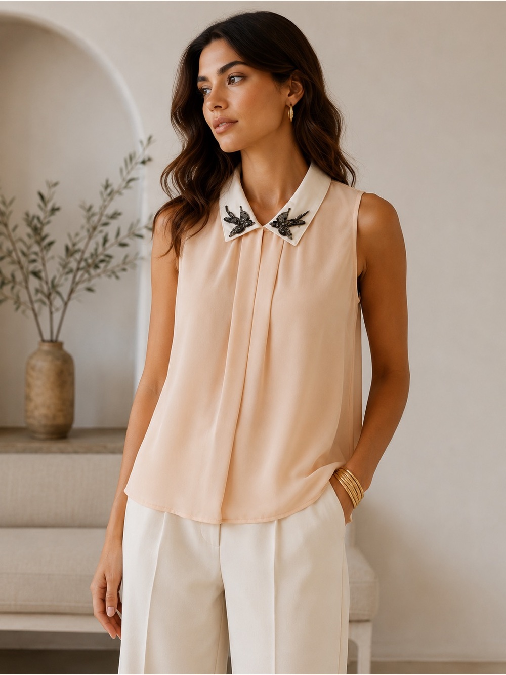 Rebecca Taylor Size 10 Blush Fall Sleeveless Blouse Embellished Bird Collar